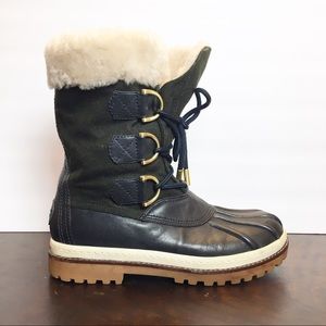 TORY BURCH Duck Boot 2 Women Sz 9 Leather Shearling Deep Green Black MSRP $325